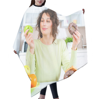 Personality  Dieting Concept. Young Woman Choosing Between Fruits And Sweets Hair Cutting Cape