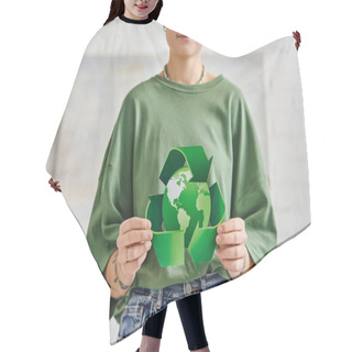 Personality  Eco-conscious Lifestyle, Partial View Of Smiling Tattooed Woman In Casual Clothes Holding Green Recycling Symbol Around Globe At Home, Sustainable Living And Environmental Awareness Concept Hair Cutting Cape
