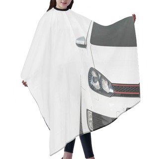Personality  Cropped Image Of One New White Automobile On White Hair Cutting Cape