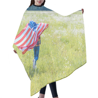 Personality  Back View Of Child Running In Field With American Flag In Hands Hair Cutting Cape