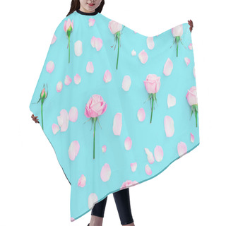 Personality  Floral Pattern With Pink Roses And Petals On Blue Background. Flat Lay, Top View. Spring Time Composition Hair Cutting Cape