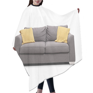 Personality  Studio Shot Of A Gray Sofa With Yellow Cushions Isolated On White Background Hair Cutting Cape