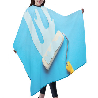 Personality  Top View Of Roller With Dripping Paper Cut Paint On Bright Blue Background  Hair Cutting Cape