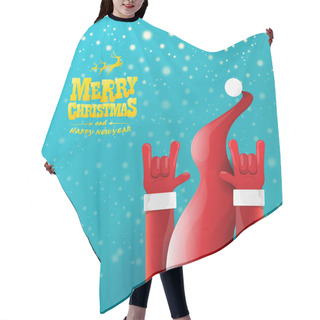 Personality  Vector Cartoon Rock N Roll Santa Claus Character With Gold Calligraphic Greeting Text On Azure Background With Snowflakes. Violet Merry Christmas Rock N Roll Party Poster Design Or Greeting Card. Hair Cutting Cape