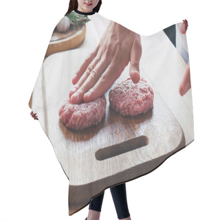 Personality  Cropped View Of Chef Forming Mince Patty On Chopping Board Near Ingredients Hair Cutting Cape