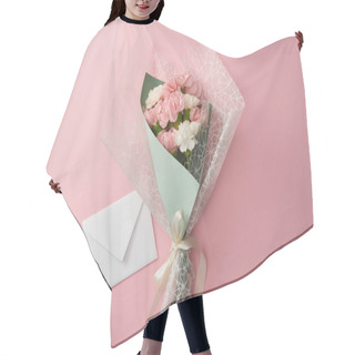 Personality  Top View Of Beautiful Tender Flower Bouquet And White Envelope Isolated On Pink  Hair Cutting Cape