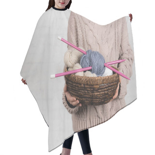 Personality  Cropped View Of Basket With Woolen Yarn Balls And Needles In Hands Of Woman In Sweater On White Background Hair Cutting Cape