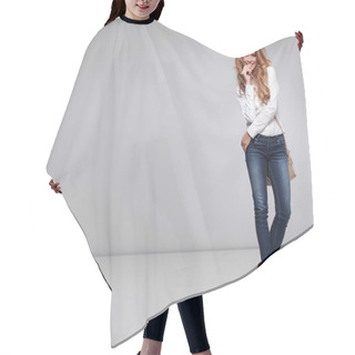 Personality  Beautiful Happy Woman Holding A Bag Hair Cutting Cape