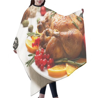 Personality  Baked Chicken For Festive Dinner. Christmas Table Setting Hair Cutting Cape