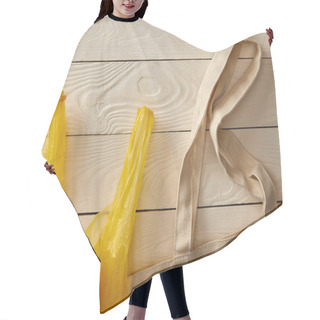 Personality  Top View Of Cotton String Bag And Plastic Bag On White Wooden Surface, Zero Waste Concept Hair Cutting Cape