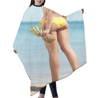 Personality  Cropped Image Of  Woman In Bikini Holding Pineapple On Sandy Beach  Hair Cutting Cape