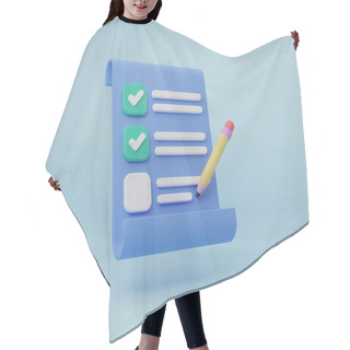 Personality  3D Rendering Illustration Cartoon Minimal Pencil On Clipboard Checklist Note Paper Management Check. Notepad Icon. Working Plan To Success. Business Time Document Marking Task. Hair Cutting Cape