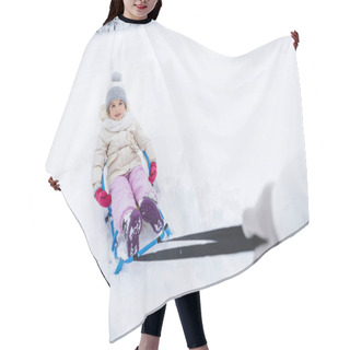 Personality  Cropped Shot Of Mother Carrying Cute Little Child Sitting On Sled In Winter Park Hair Cutting Cape