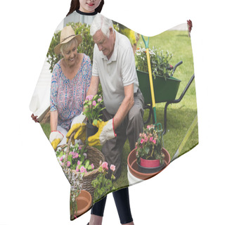 Personality  Senior Couple Gardening Together Hair Cutting Cape