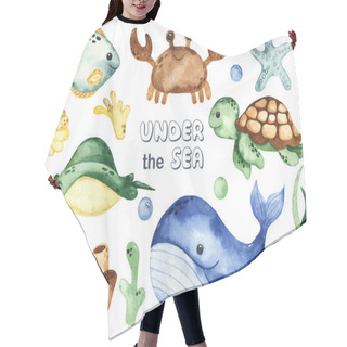 Personality  Underwater Creatures Whale, Sea Turtle, Crab, Stingray, Starfish, Algae, Corals. Watercolor Hand Drawn Clipart Hair Cutting Cape