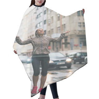 Personality  Full Length Portrait Of Happy Fitness Young Woman Catching Rain  Hair Cutting Cape