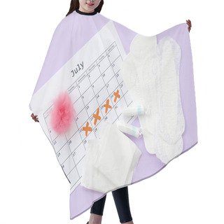 Personality  Menstrual Pads And Tampons On Menstruation Period Calendar Flat Lay On Lilac Background Hair Cutting Cape