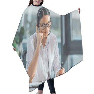 Personality  Smiling Asian Translator Working Online With Headset And Laptop In Office Hair Cutting Cape