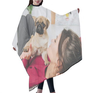 Personality  Young Woman Playing With Pug Puppy Hair Cutting Cape