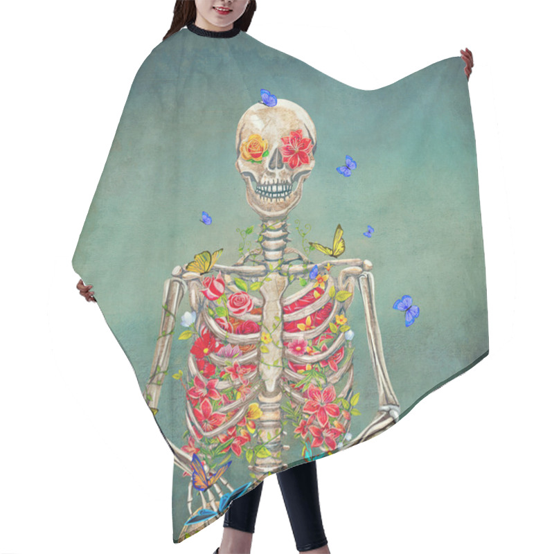 Personality  Blooming skeleton on the grunge background with butterflies hair cutting cape