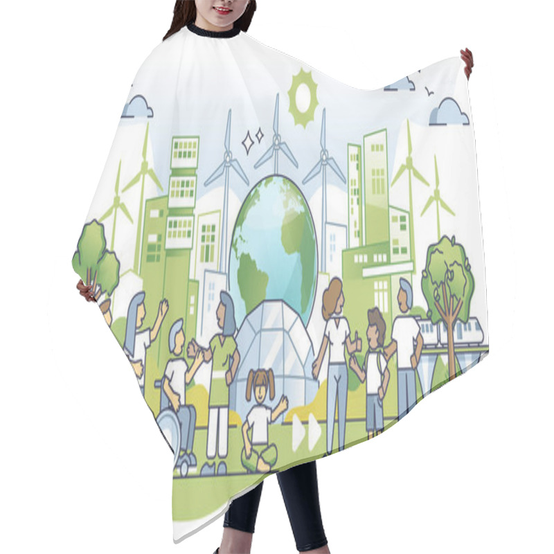 Personality  Sustainable green city with ecological energy power usage outline concept. Diversity and unity as future modern environment lifestyle vector illustration. Community with nature friendly thinking. hair cutting cape