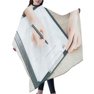 Personality  Partial View Of Donor Signing Registration Form On Wooden Surface Hair Cutting Cape