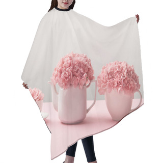 Personality  Beautiful Tender Pink Flowers In White Teapot And Cups On Grey   Hair Cutting Cape
