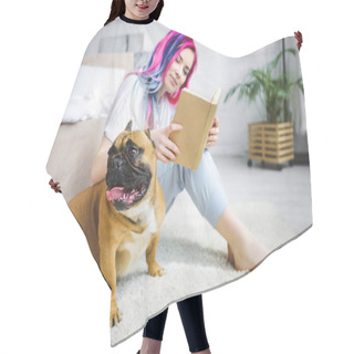 Personality  Beautiful Girl With Colorful Hair Reading Book And Sitting On Floor Near French Bulldog Hair Cutting Cape
