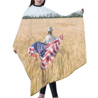 Personality  Back View Of Kid Holding American Flag With Stars And Stripes In Golden Field  Hair Cutting Cape