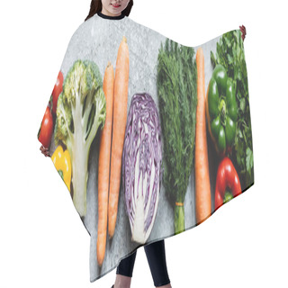 Personality  Top View Of Fresh Ripe Vegetables On Grey Concrete Surface, Panoramic Crop Hair Cutting Cape