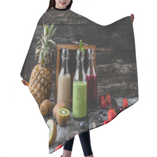 Personality  Organic Fruit Smoothies In Glass Bottles On Wooden Background With Assorted Fruits Hair Cutting Cape