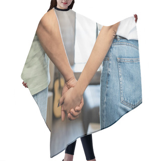 Personality  Cropped View Of African American Couple Holding Hands Near Blurred Packages In New House Hair Cutting Cape