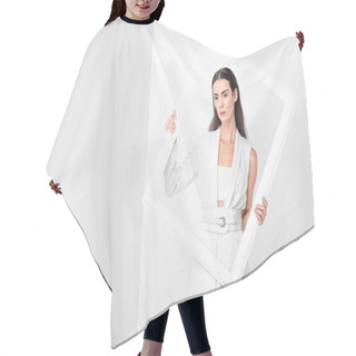 Personality  Beautiful Woman In Total White Holding White Frame Hair Cutting Cape