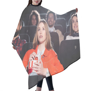 Personality  Selective Focus Of Attractive Woman Watching Movie In Cinema  Hair Cutting Cape
