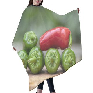 Personality  Capsicum Annuum Jalapeno Chilli Hot Peppers, Group Of Green And Red Fruits On Wooden Cutting Board, Mexican Cuisine Hair Cutting Cape