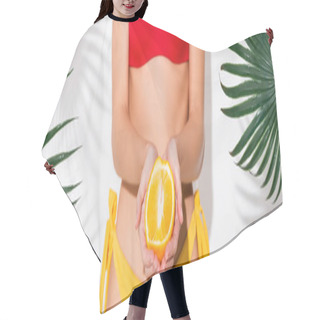 Personality  Partial View Of Woman In Swimwear Holding Half Of Ripe Orange On White, Banner Hair Cutting Cape