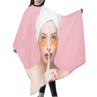 Personality  Pretty Naked Girl With Eye Patches Showing Hush Sign Isolated On Pink  Hair Cutting Cape