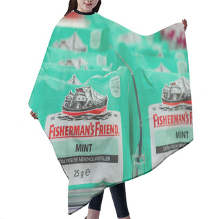 Personality  Soest, Germany - January 3, 2018: Fishermen's Friend Lozenge For Sale In The Supermarket. Fisherman's Friend Is A Brand Of Strong Menthol Lozenges Produced By The Lofthouse. Hair Cutting Cape