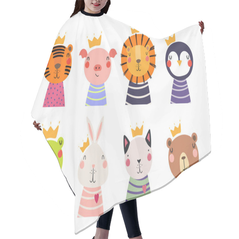 Personality  Set Of Cute Funny Little Animals In Crowns, Scandinavian Style Flat Design, Concept For Children Print Hair Cutting Cape