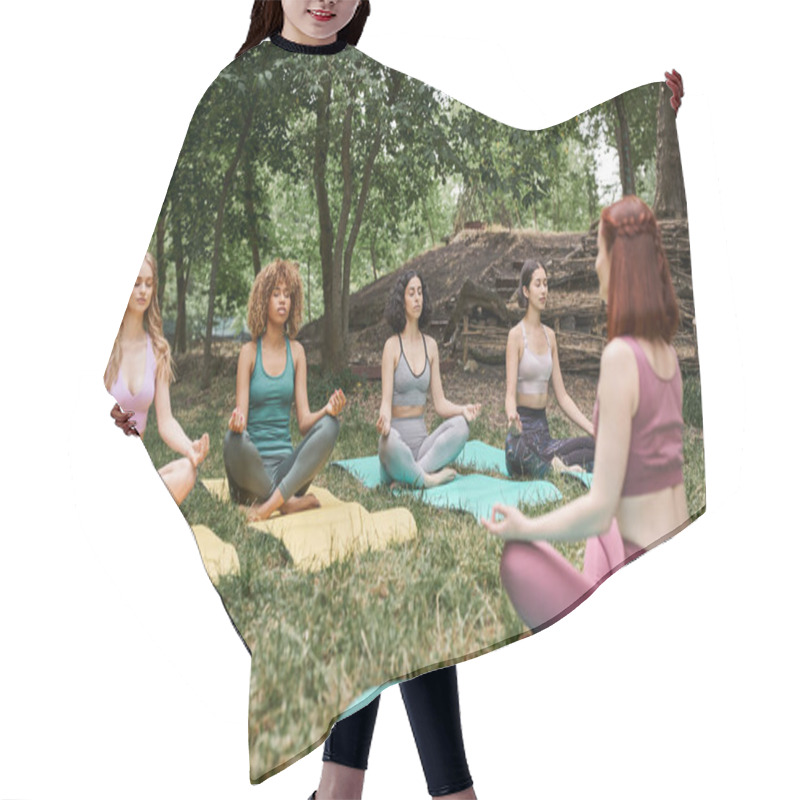 Personality  Multiethnic Women On Yoga Mats Meditating In Lotus Pose Near Coach In Park Hair Cutting Cape