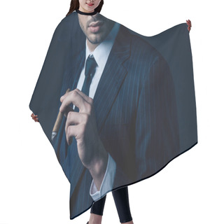 Personality  Cropped View Of Mafioso Holding Cigar On Dark Blue Background Hair Cutting Cape
