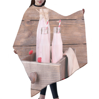 Personality  Bottles Of Tasty Raspberry Smoothie Drinks On Grey Pink Wooden Background Hair Cutting Cape