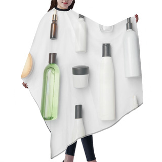 Personality  Top View Of Different Cosmetic Bottles And Container On White Background Hair Cutting Cape