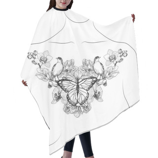 Personality  Tropical Flowers Drawing And Sketch With Line Art On White Backgrounds. Elegant Woman Tattoo With Butterfly And Symmetric Birds Hair Cutting Cape