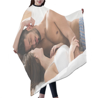 Personality  Happy Young Couple Cuddling In Bed In Sunny Morning Hair Cutting Cape