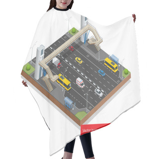 Personality  Isometric Pedestrian Bridge With A Lift Over The Highway. Set Of The Isometric Pedestrian Bridge With A Lift, Bus, Sedan, Taxi, Mini, Ambulance And Bus Stop. Vector Flat 3d Illustration. City Traffic. Hair Cutting Cape