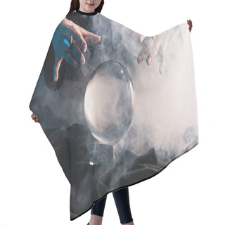 Personality  Cropped View Of Female Hands Above Crystal Ball With Smoke On Dark Hair Cutting Cape
