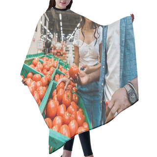 Personality  Cropped View Of Cheerful Woman Neat African American Man Holding Tomato  Hair Cutting Cape