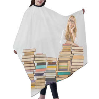 Personality  Beautiful Woman In Glasses Dreaming Near Pile Of Books Hair Cutting Cape