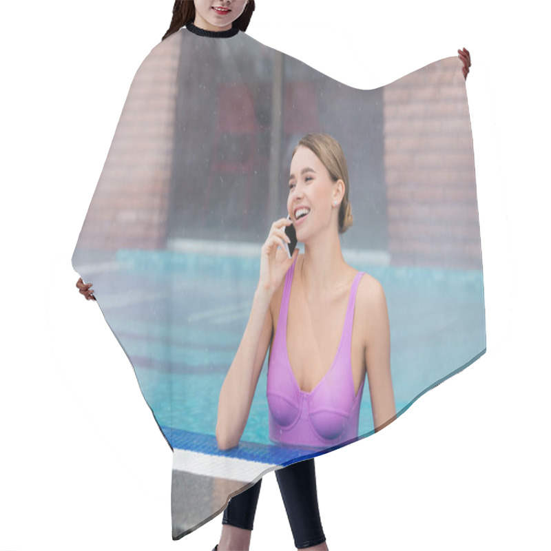 Personality  Happy Woman In Swimsuit Talking On Smartphone While Bathing In Outdoor Swimming Pool Hair Cutting Cape